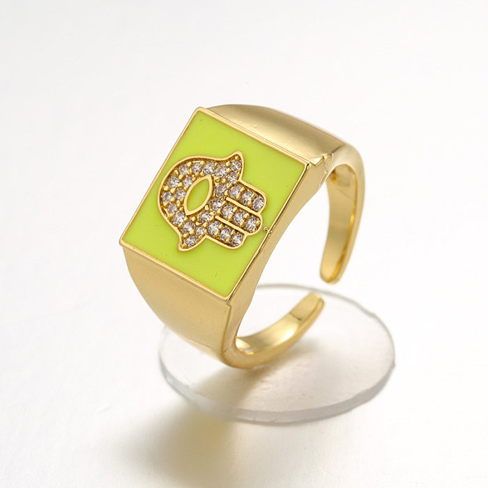 Moda palma cor gotejamento óleo quadrado cobre incrustado anel de zircão jóias por atacado