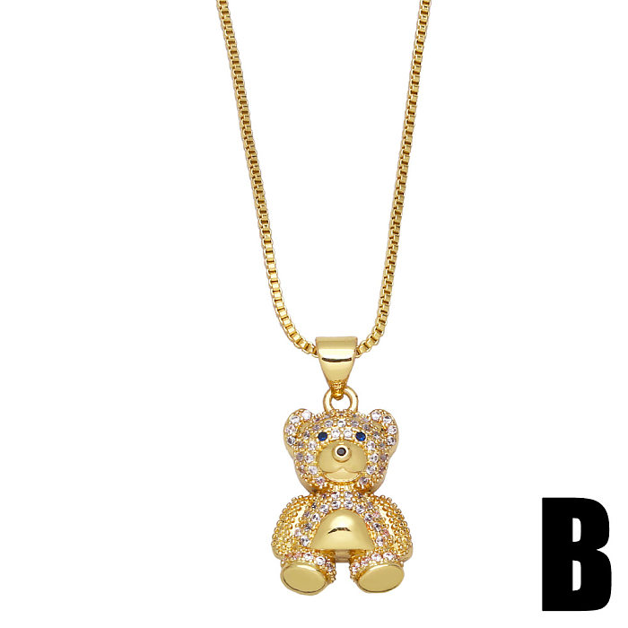 Cute Animal Bear Heart Shaped Inlaid Zircon Pendant Copper Necklace Wholesale