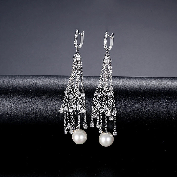 1 Pair Simple Style Tassel Plating Inlay Copper Zircon Gold Plated Drop Earrings