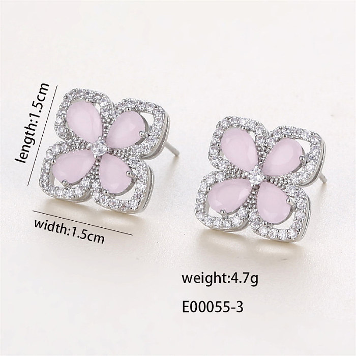1 Pair Classic Style Four Leaf Clover Water Droplets Plating Inlay Copper Zircon White Gold Plated Ear Studs