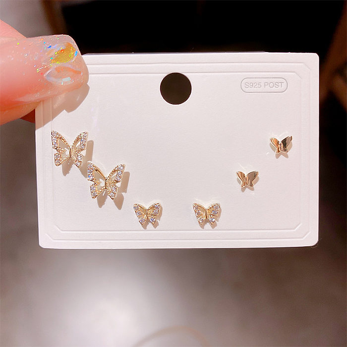 Sweet Round Butterfly Snowflake Copper Plating Inlay Zircon Ear Studs 1 Set