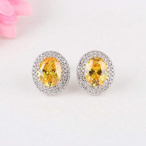1 Pair Simple Style Shiny Oval Polishing Plating Inlay Copper Zircon Ear Studs