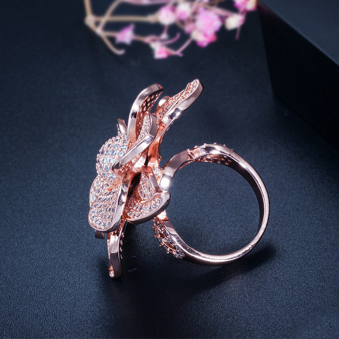 Elegant Luxurious Flower Copper Plating Inlay Zircon 14K Gold Plated Gold Plated Rhodium Plated Rings