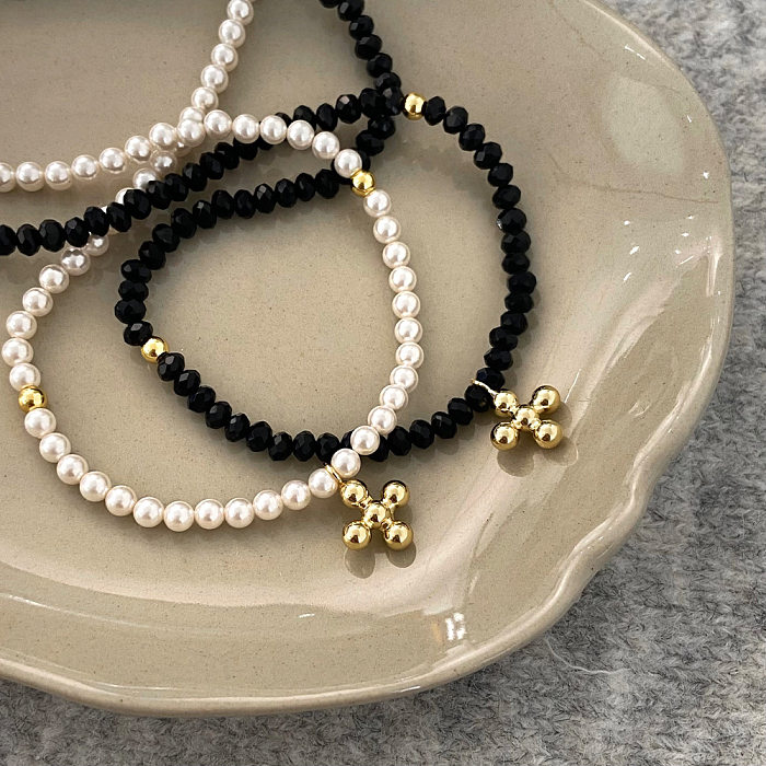 Lässige Halskette mit Anhänger, Kreuz, künstlicher Kristall, künstliche Perle, Kupferperlenbeschichtung