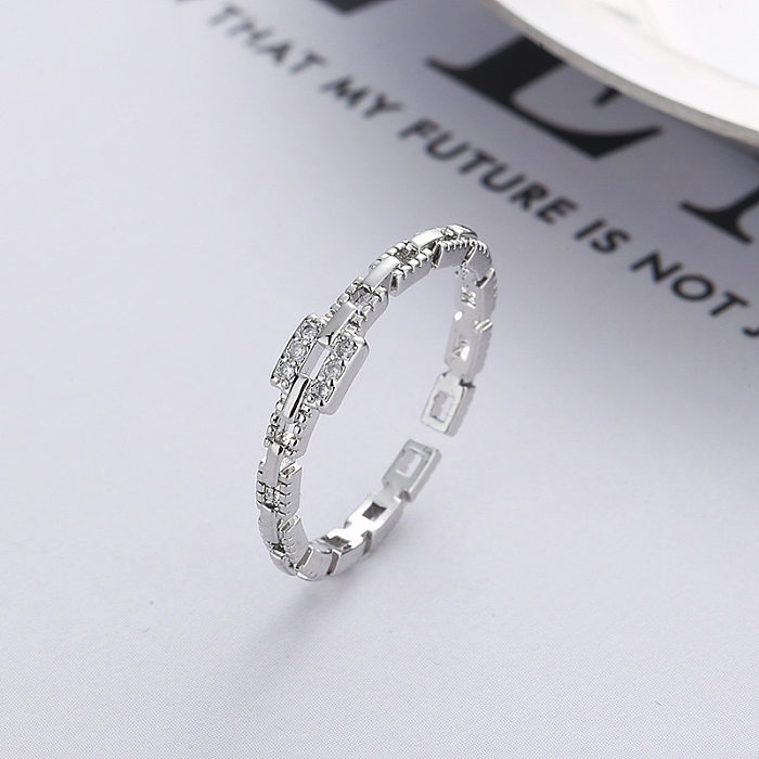 Simple Style Geometric Square Copper Plating Hollow Out Inlay Zircon Gold Plated Silver Plated Open Ring
