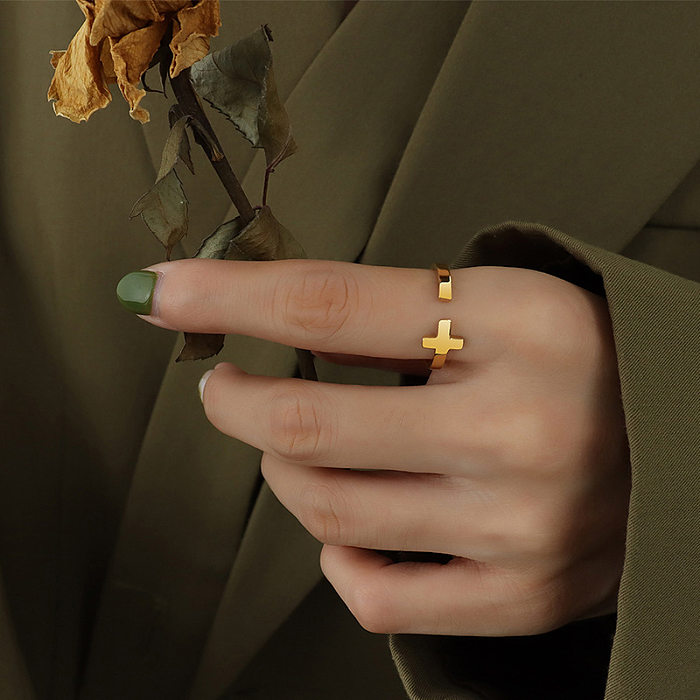 Simple Solid Color Cross Open Titanium Steel Gold Ring