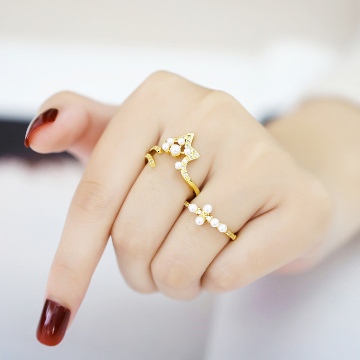 Retro Simple Style Pentagram Cross Copper Plating Inlay Artificial Pearls Zircon 18K Gold Plated Open Rings