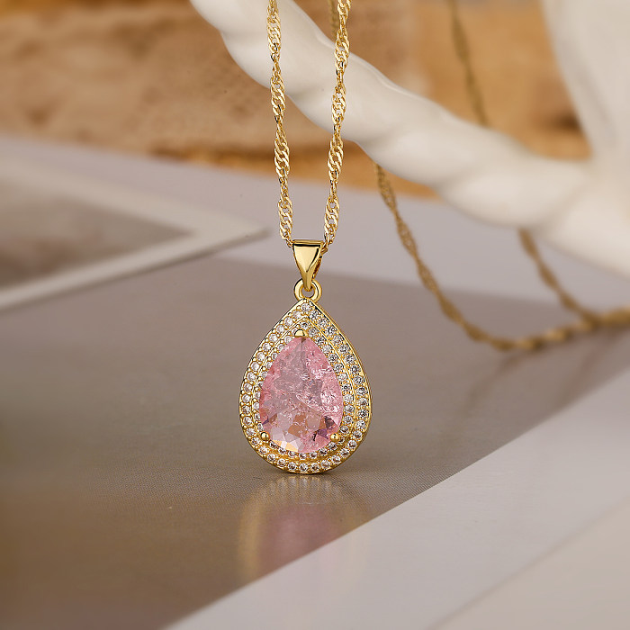 Simple Style Commute Water Droplets Copper Plating Inlay Zircon 18K Gold Plated Pendant Necklace
