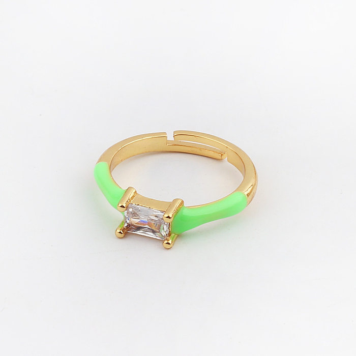 Lady Rectangle Copper Enamel Plating Inlay Zircon Open Ring
