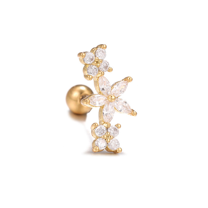 1 peça estilo simples flor chapeamento incrustação de latão zircão 18K banhado a ouro branco brincos de orelha