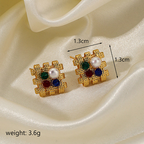 1 paire de perles artificielles en cuivre plaqué or 18 carats, Style Simple, incrustation carrée, clous d'oreilles