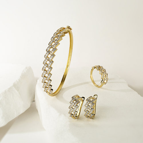 IG Style Hip-Hop Cool Style Rhombus Kupferbeschichtung Hohleinlage Zirkon 18 Karat vergoldet Ringe Armbänder Ohrringe