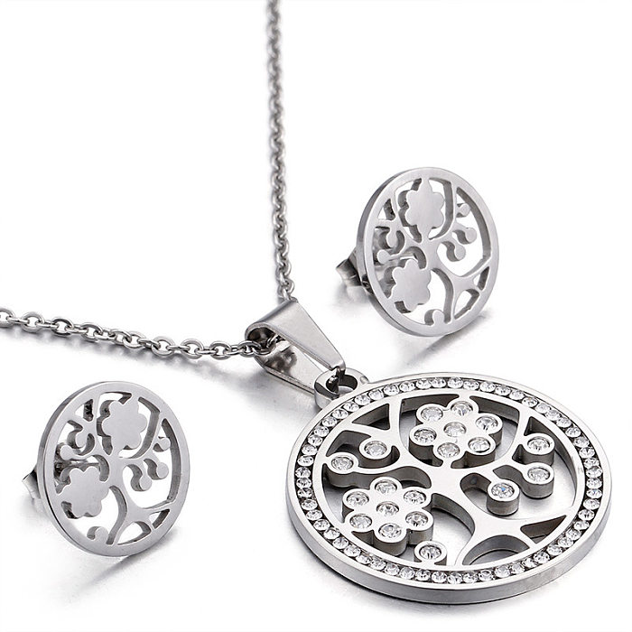Fashion Titanium Steel Diamond Pendant Tree Of Life Necklace Earrings Set