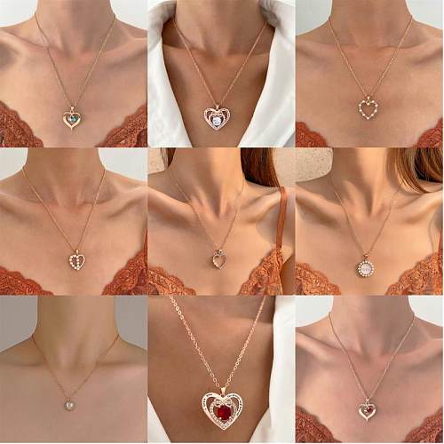 Glam Heart Shape Titanium Steel Copper Hollow Out Crystal Zircon 18K Gold Plated Silver Plated Pendant Necklace