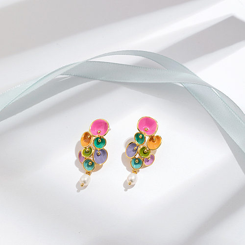 1 paire de boucles d'oreilles pendantes en cuivre, vernis à fleurs de Style Simple