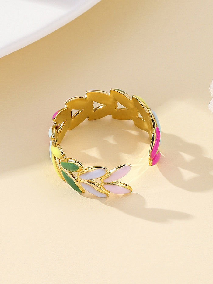 Elegante tropische Streetwear-Blätter, Edelstahl-Beschichtung, Inlay, Zirkon, 18 Karat vergoldete Ringe