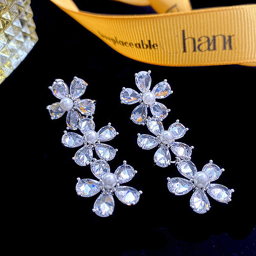 1 Pair Vintage Style Flower Inlay Copper Zircon Drop Earrings
