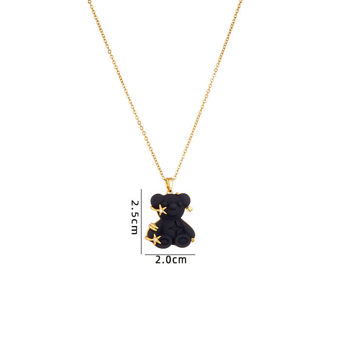 Cute Animal Bear Titanium Steel Copper Zircon Pendant Necklace In Bulk
