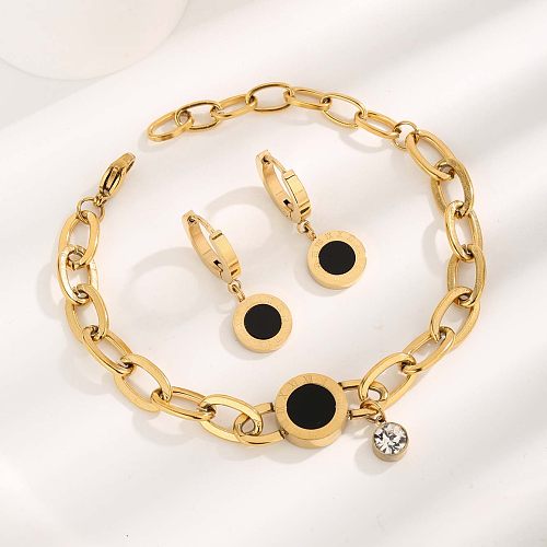 Vintage Style Roman Numeral Resin Titanium Steel Plating Inlay Zircon Gold Plated Bracelets Earrings