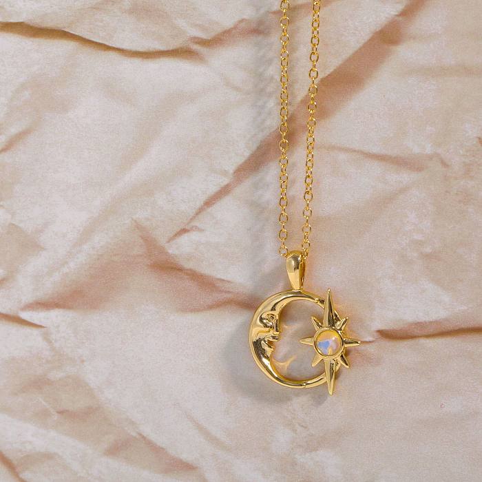 Halskette mit Opal-Anhänger im japanischen Stil mit Sonne und Mond, Kupfer-Inlay