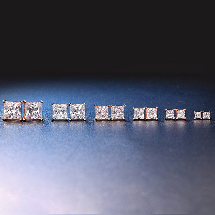 Simple Style Square Copper Inlay Zircon Ear Studs 1 Pair