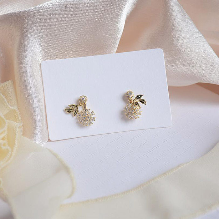1 paire de boucles d'oreilles élégantes en forme de feuille douce, incrustation de fleurs, cuivre et Zircon plaqué or