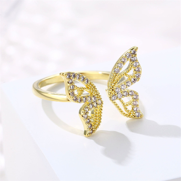 Elegante doce brilhante borboleta chapeamento de cobre incrustação zircão rosa banhado a ouro anéis abertos