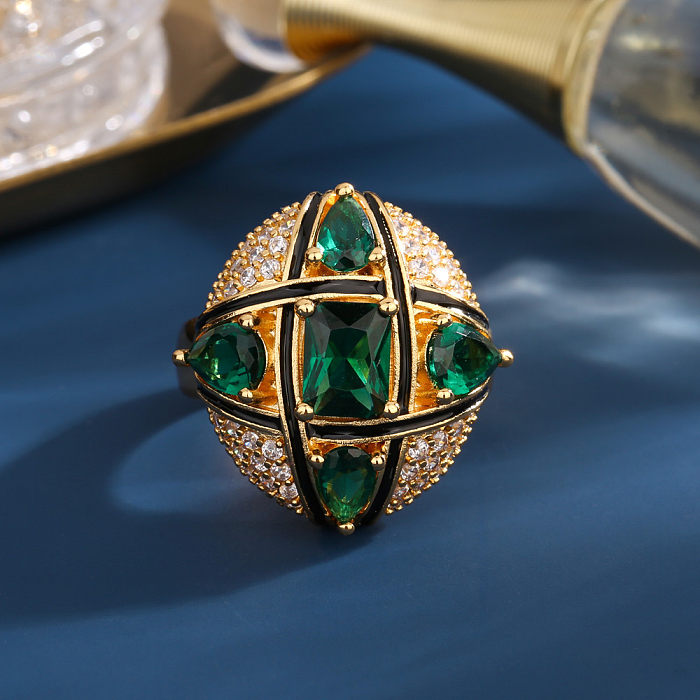 Vintage Style Exaggerated Luxurious Cross Square Water Droplets Copper Plating Inlay Zircon 18K Gold Plated Open Rings