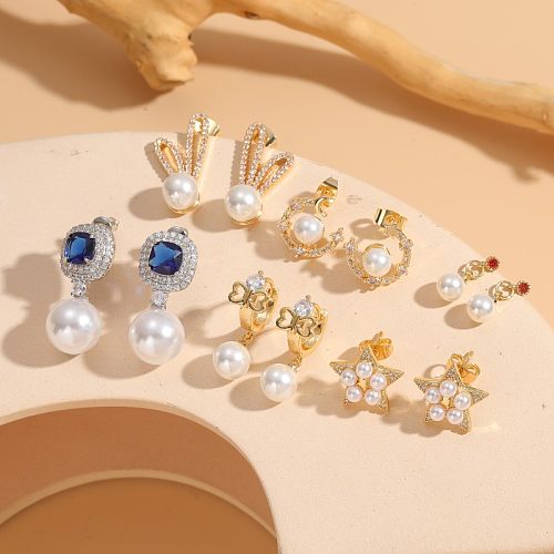 1 Piece Commute Star Plating Inlay Copper Artificial Pearls Zircon 14K Gold Plated Drop Earrings Ear Studs