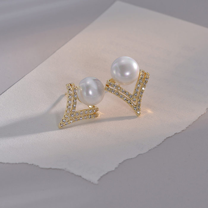 1 par de elegantes pendientes geométricos con incrustaciones de cobre, perlas artificiales, circonitas, chapados en oro