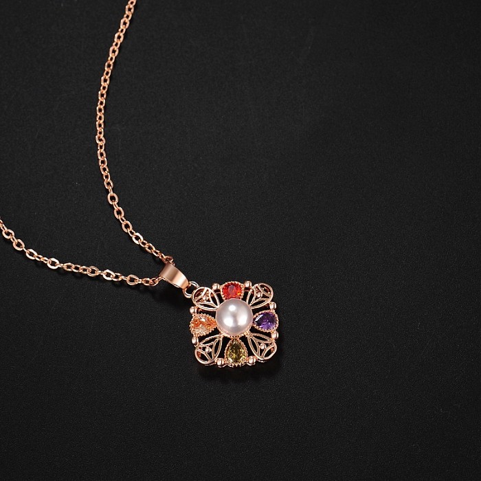 Conjunto de joias de zircão pérola com incrustação de cobre e flor de estilo simples