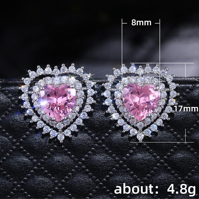 Pink Heart Zircon Copper Stud Earrings Wholesale jewelry