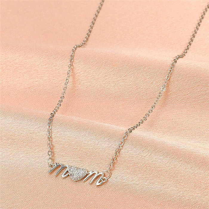 MAMA Letter Heart Shape Copper Inlay Artificial Diamond Necklace