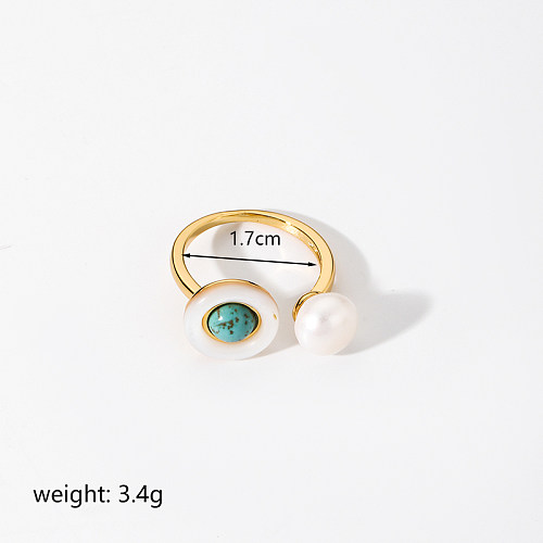 Retro Round Copper Plating Inlay Turquoise 18K Gold Plated Open Rings