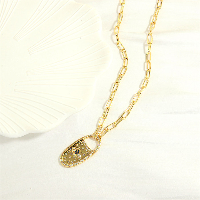 Hip-Hop Vintage Style Eye Lock Copper Plating Inlay Zircon 18K Gold Plated Pendant Necklace