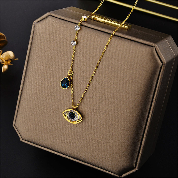 Fashion Water Droplets Eye Titanium Steel Gold Plated Hollow Out Inlay Zircon Bracelets Necklace 1 Piece