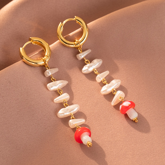 1 paire de boucles d'oreilles élégantes et douces, Streetwear plaqué champignon, Imitation de perles en cuivre