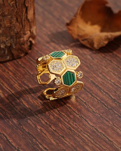 Vintage Style Luxurious French Style Honeycomb Copper Plating Hollow Out Inlay Zircon 18K Gold Plated Open Rings