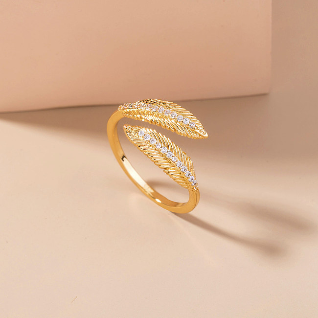 1 Piece Fashion Feather Copper Inlay Zircon Open Ring