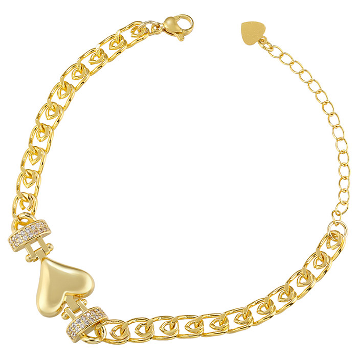 Casual Elegant Heart Shape Copper 18K Gold Plated Zircon Bracelets In Bulk