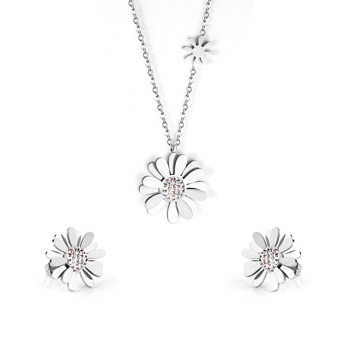 Simple Style Flower Stainless Steel Inlay Zircon Earrings Necklace 1 Set