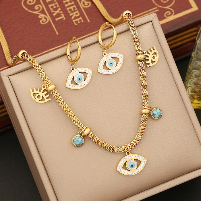 Rétro bohème oeil placage en acier inoxydable incrustation diamant artificiel Turquoise Bracelets boucles d'oreilles collier