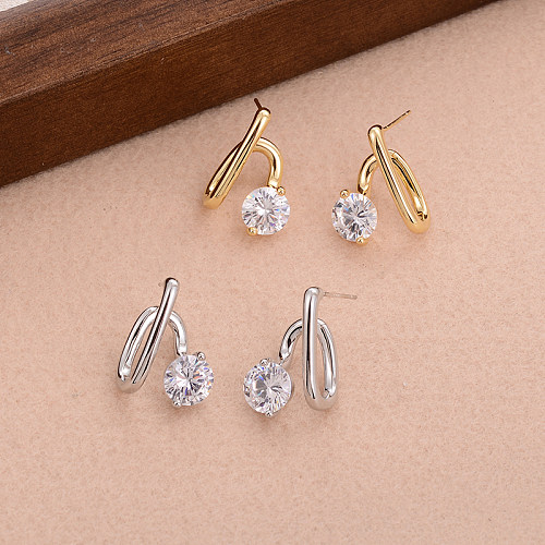 1 Pair Simple Style Lines Plating Inlay Copper Zircon Gold Plated Ear Studs