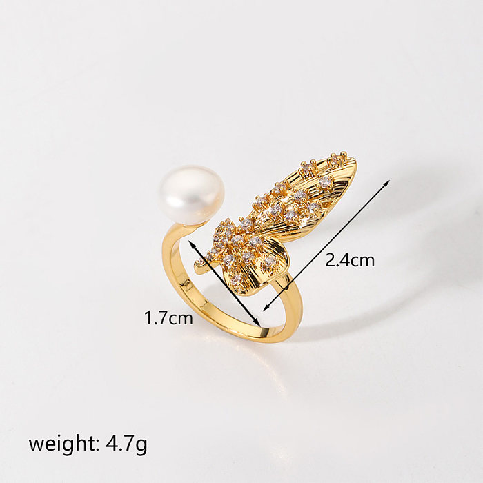 Retro Commute Butterfly Copper Plating Inlay Pearl Zircon 18K Gold Plated Open Rings