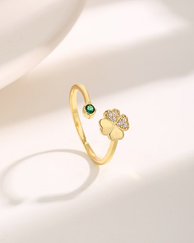 Vintage Style Luxurious Four Leaf Clover Flower Copper Plating Inlay Zircon 18K Gold Plated Rings