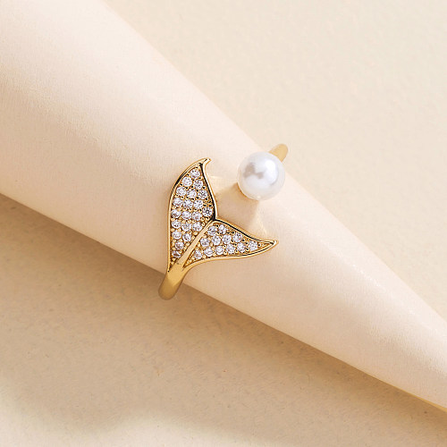 1 Stück Mode Fischschwanz Kupfer Inlay Künstliche Perlen Zirkon Offener Ring