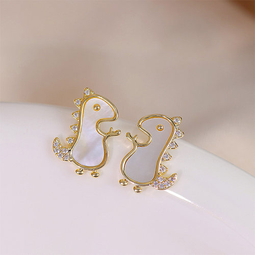 1 par de pendientes chapados en oro de 14K con incrustaciones de dinosaurio de estilo Simple y bonito con concha de cobre y circonita