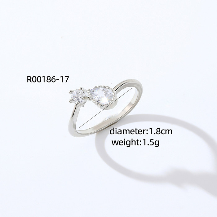 Lässiger schlichter Stil, offener Ring mit Blütenblatt-Schmetterling, Kupferbeschichtung, Inlay, Zirkon, Weißgold plattiert