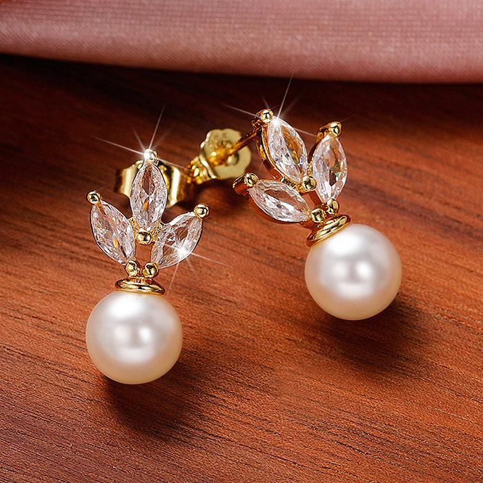 Fashion Geometric Copper Inlay Artificial Pearls Zircon Drop Earrings 1 Pair