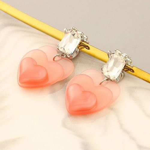 1 paire de boucles d'oreilles pendantes en cuivre et Zircon, Style classique, incrustation en forme de cœur